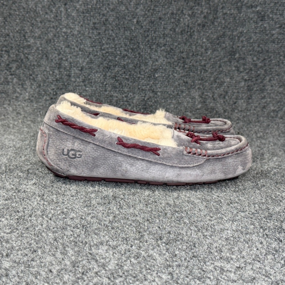UGG Brett Moccasin Slippers Women's 6 Grey Maroon Suede‎ Shearling House Shoes